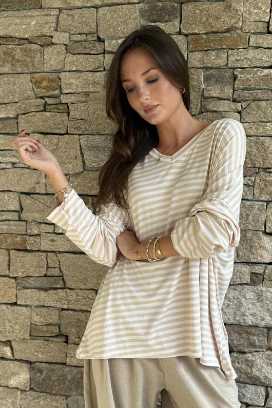  Perfect Breton V Long Sleeve Top Camel - **